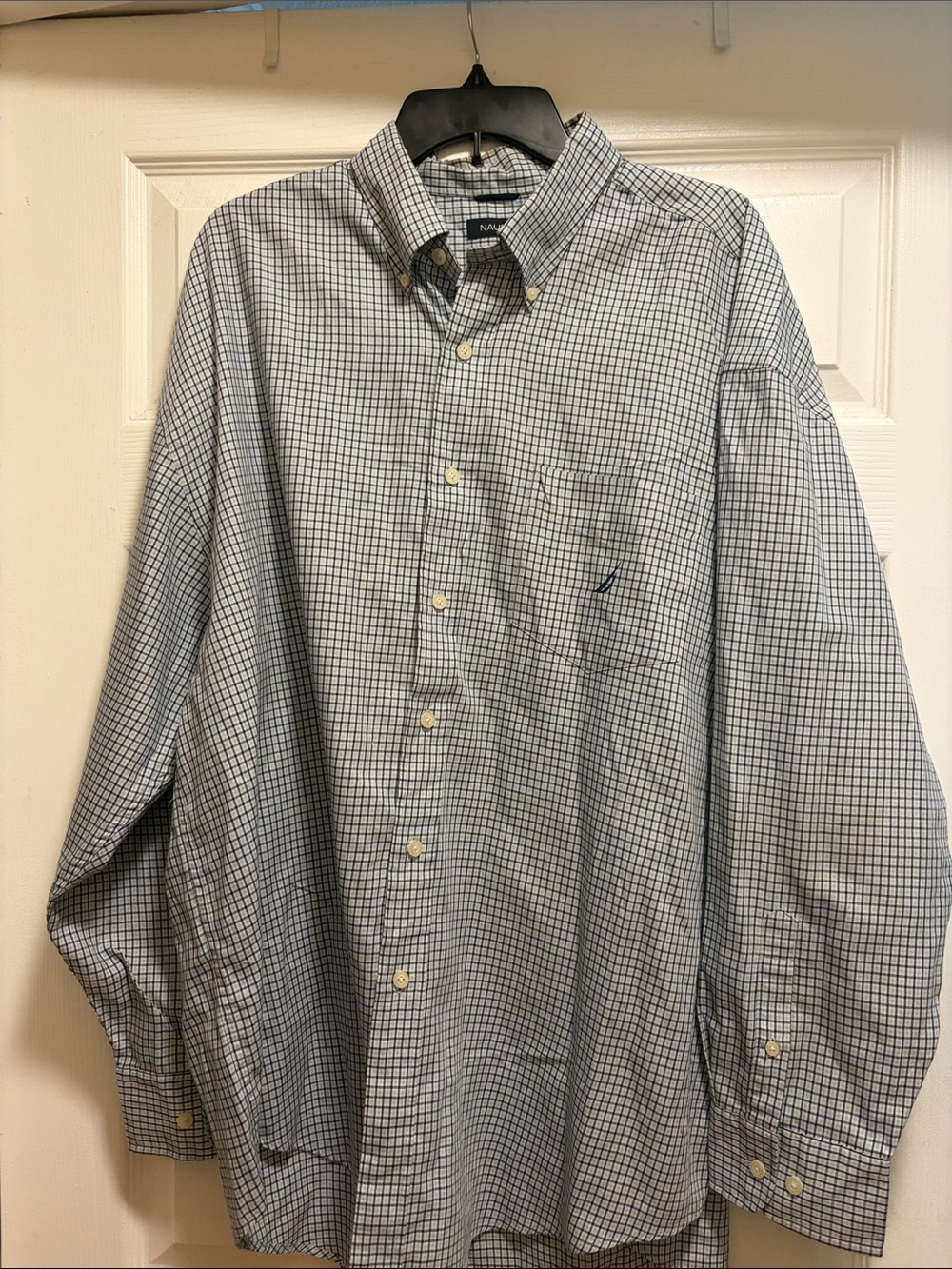 Nautica Men’s White and Blue Windowpane Button-Down Shirt